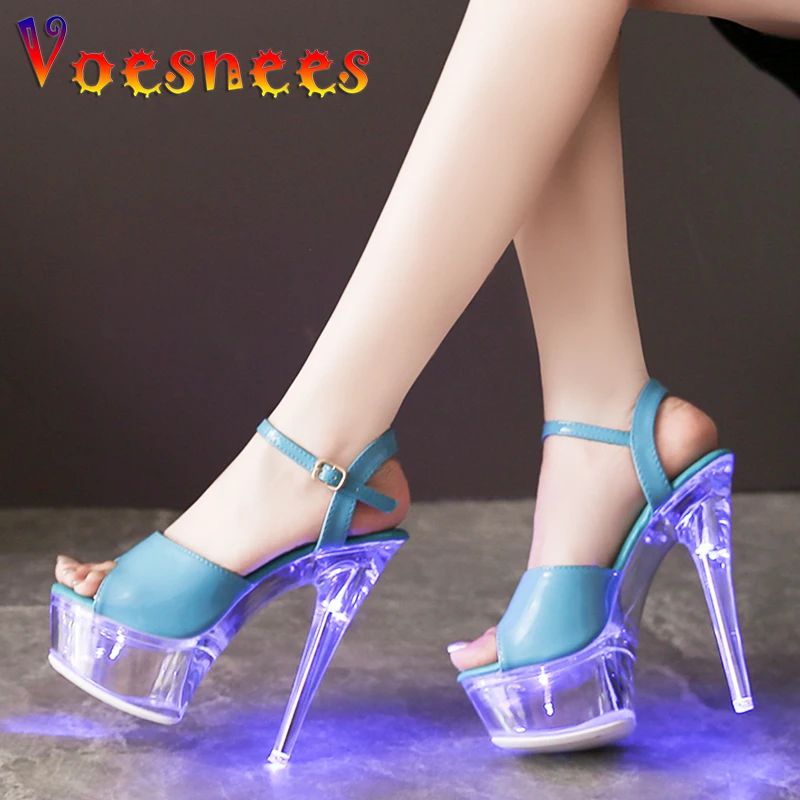 Women\'s Transparent And Glowing High Heels Red LED Light Up Party Sandals Nightclub Pole Dance Shoes 14.5CM Summer Runway Pumps