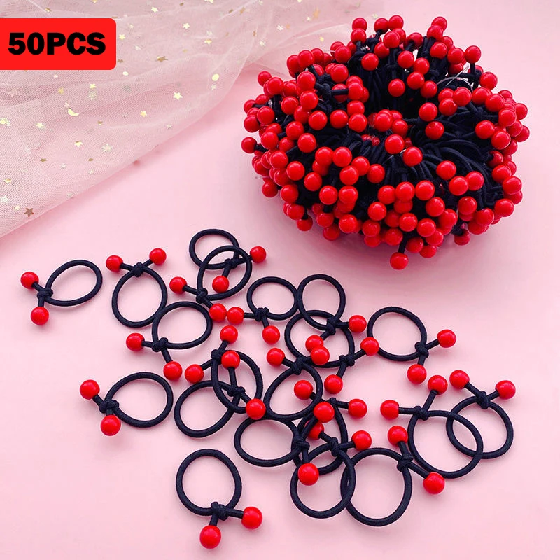 50PC/Set Children\'s Elastic Rubber Hair Bands for Girls Red Beans Ponytail Holders Hair Rope Ties Hair Accessories