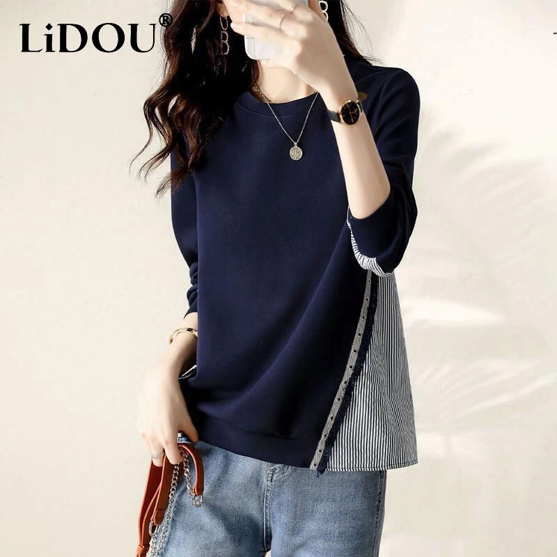 Autumn Winter Round Neck Striped Patchwork Casual Fashion T-shirt Ladies Long Sleeve Loose All-match Pullover Women's Clothing