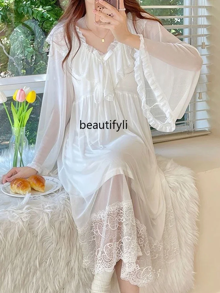 

French Royal Style Nightdress Women's Spring and Autumn Mid-Length Korean Style Sexy Lace Mesh Pajamas Sweet Princess Homewear