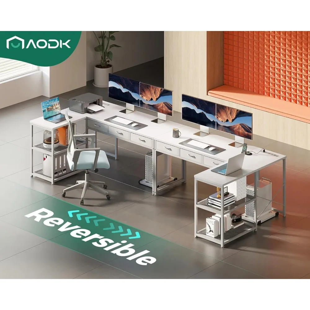 L Shaped Computer Desk com gavetas, prateleiras de armazenamento reversíveis, mesa canto com Power Outlets, 53"