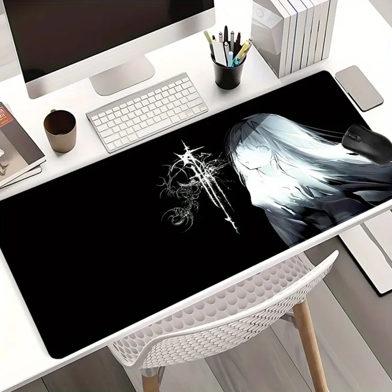 Large Gaming Desk Mat Featuring a Mysterious Gothic Anime Girl Design, Complete with a Non-Slip Stitched Edge.