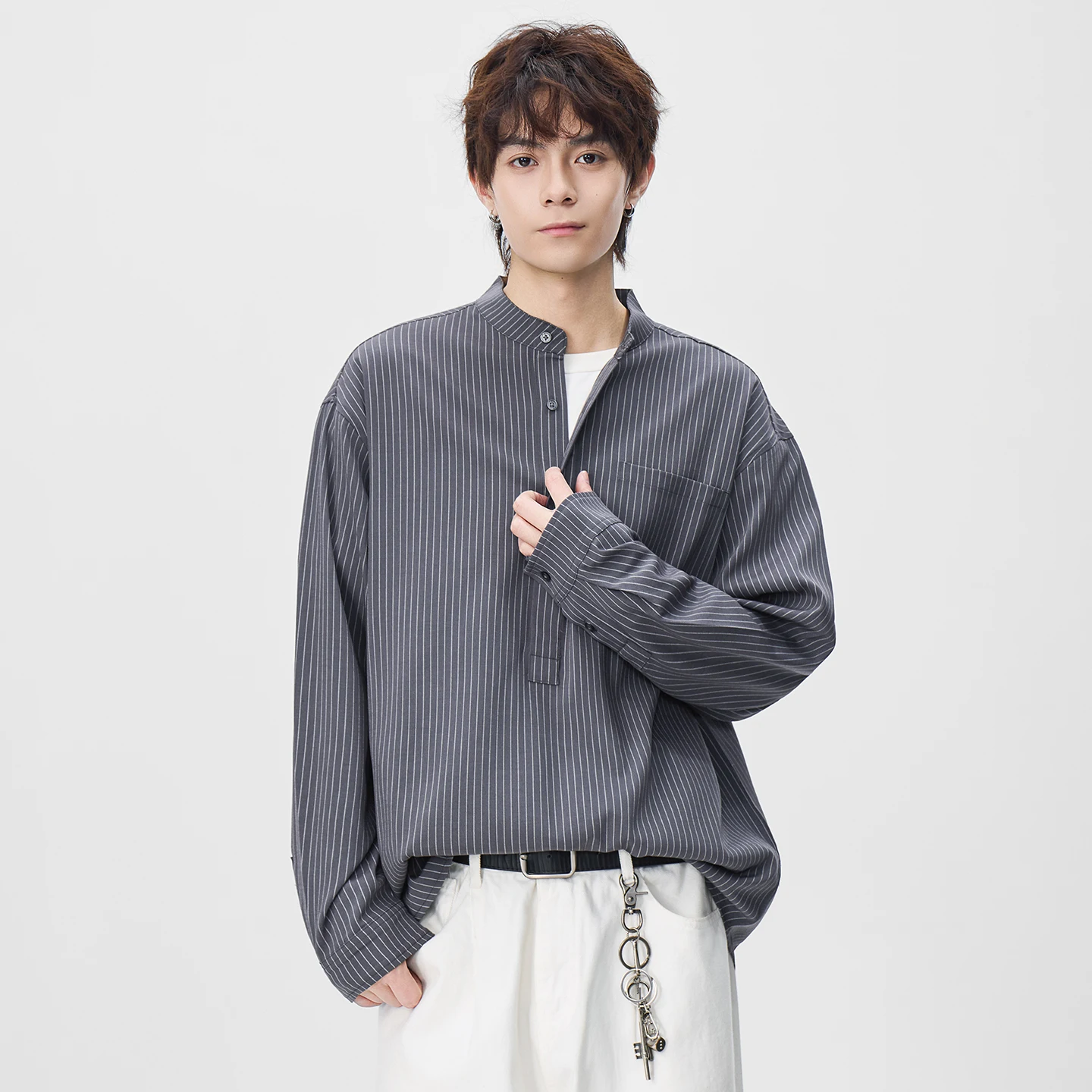 

Мужская рубашка-пуловер Cityboy в японском уличном стиле, с воротником-стойкой, весна-лето, с длинным рукавом, повседневная, свободного кроя, в полоску