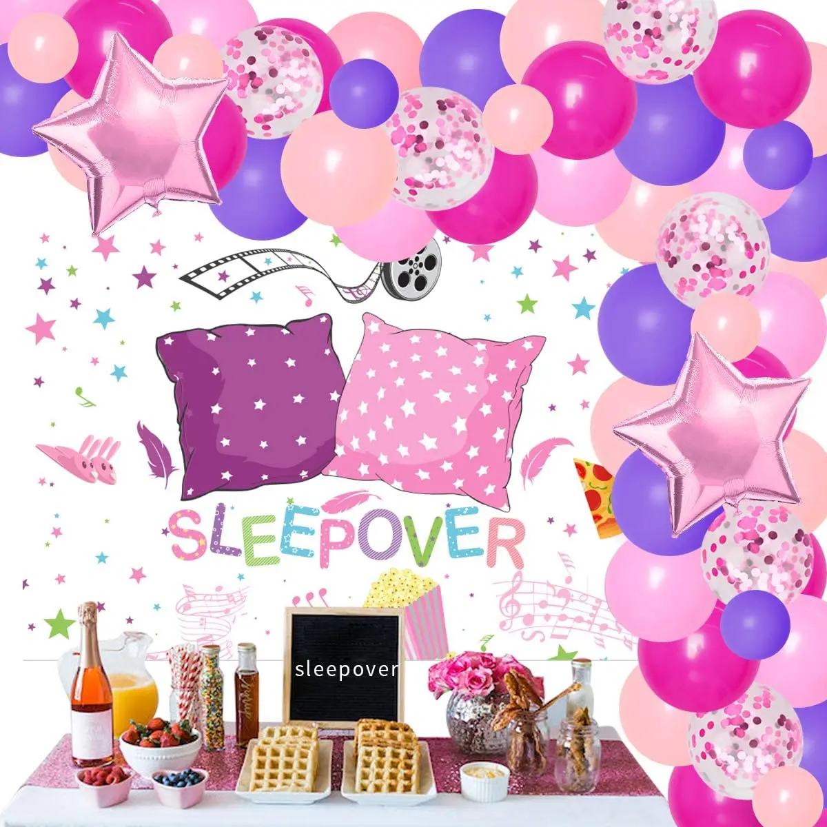 

Sleepover Pajama Party Decorations for Girls and Women, Backdrop, Hot Pink Balloon, Garland Kit, Night Party Supplies