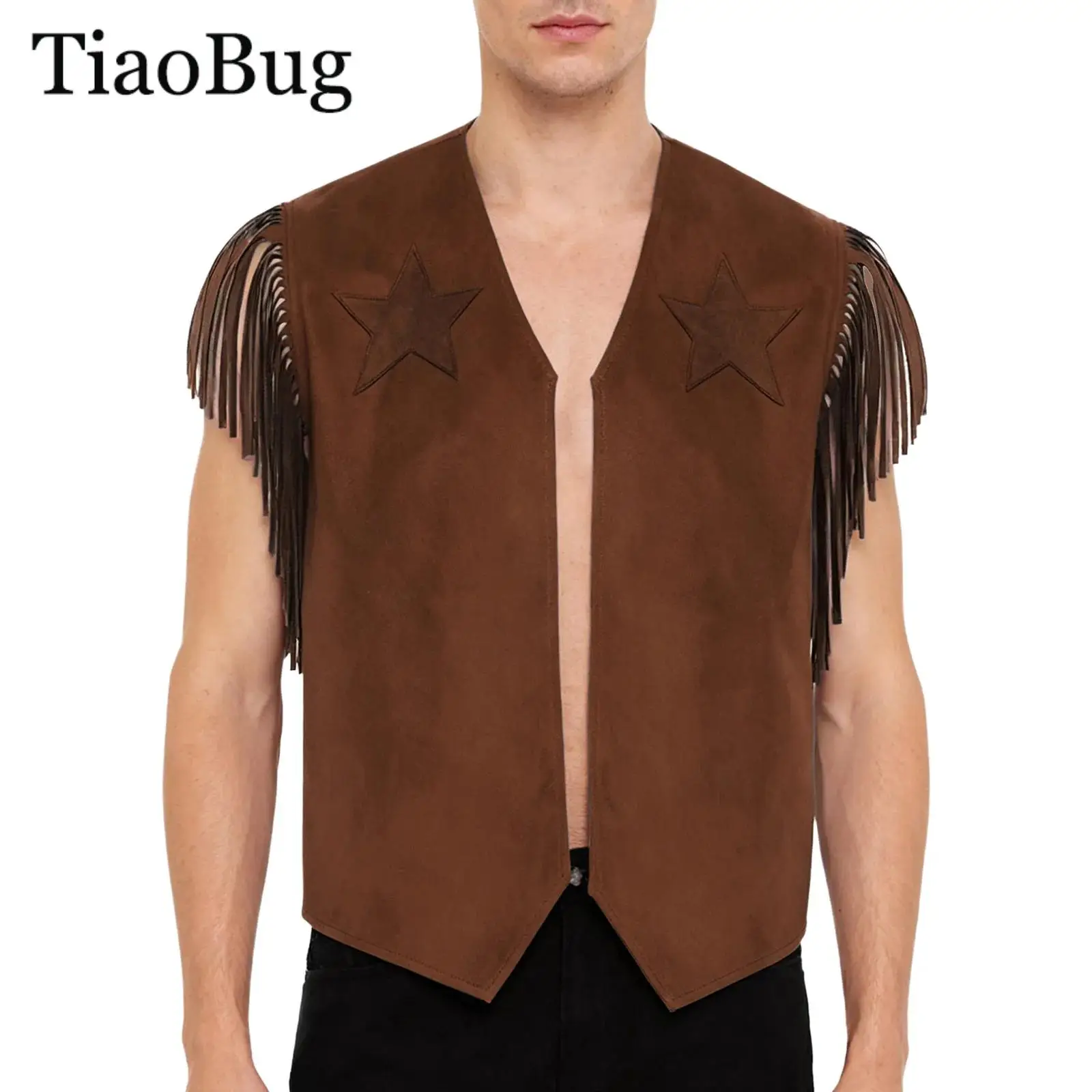 

Halloween Cosplay Western Cowboy Vest Men Sleeveless Open Front Tassel Faux Suede Vest Carnivals Cowboy Fringe Waistcoat Jacket