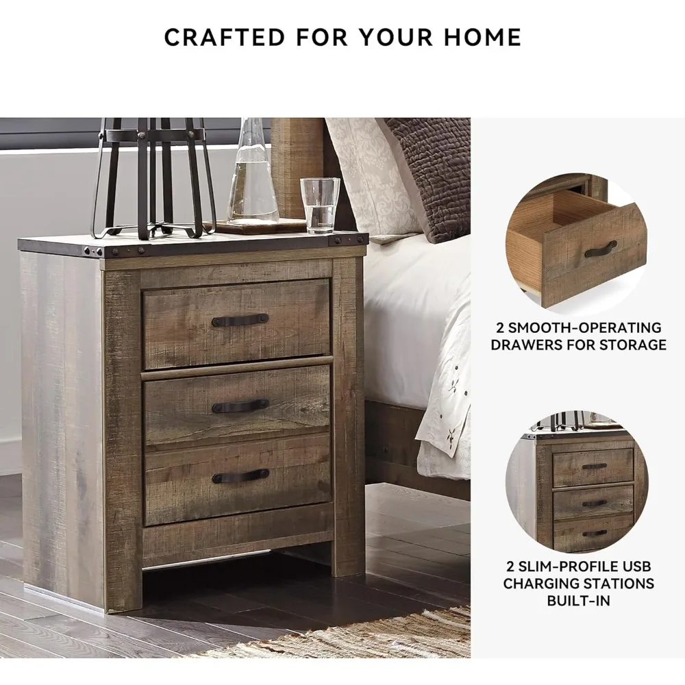 USB 충전 포트가 있는 2단 서랍형 나이트스탠드, 높이 29.65인치, 따뜻한 갈색 마감