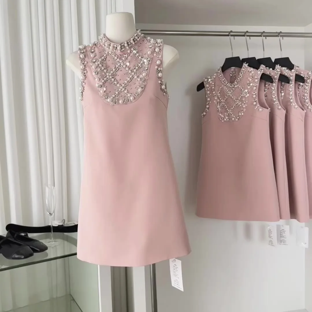 

Vintage Dress for Women Summer New High-end Designed French Retro Style Advanced Temperature Embroidered Beaded Pink Dress