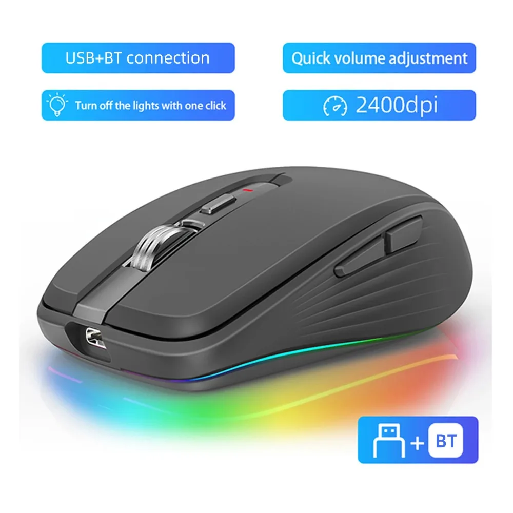 BT5.1 2.4G Dual Mode Wireless Mouse Type-C Rechargeable 2400DPI Ergonomic RGB Mouse One Key Light Off Volume Adjust For Laptop