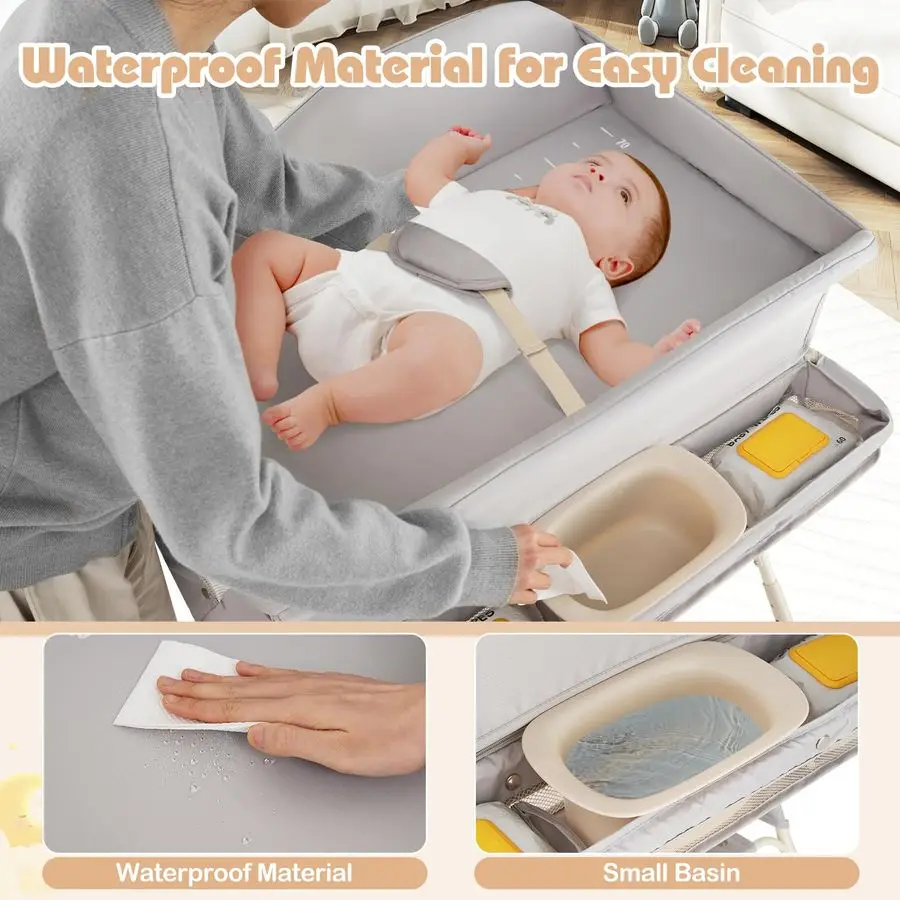 Baby Changing Table with Wheels, Portable Folding Diaper Station Nursery Organizer with Storage Basket, Hanging Rack, Adjustable