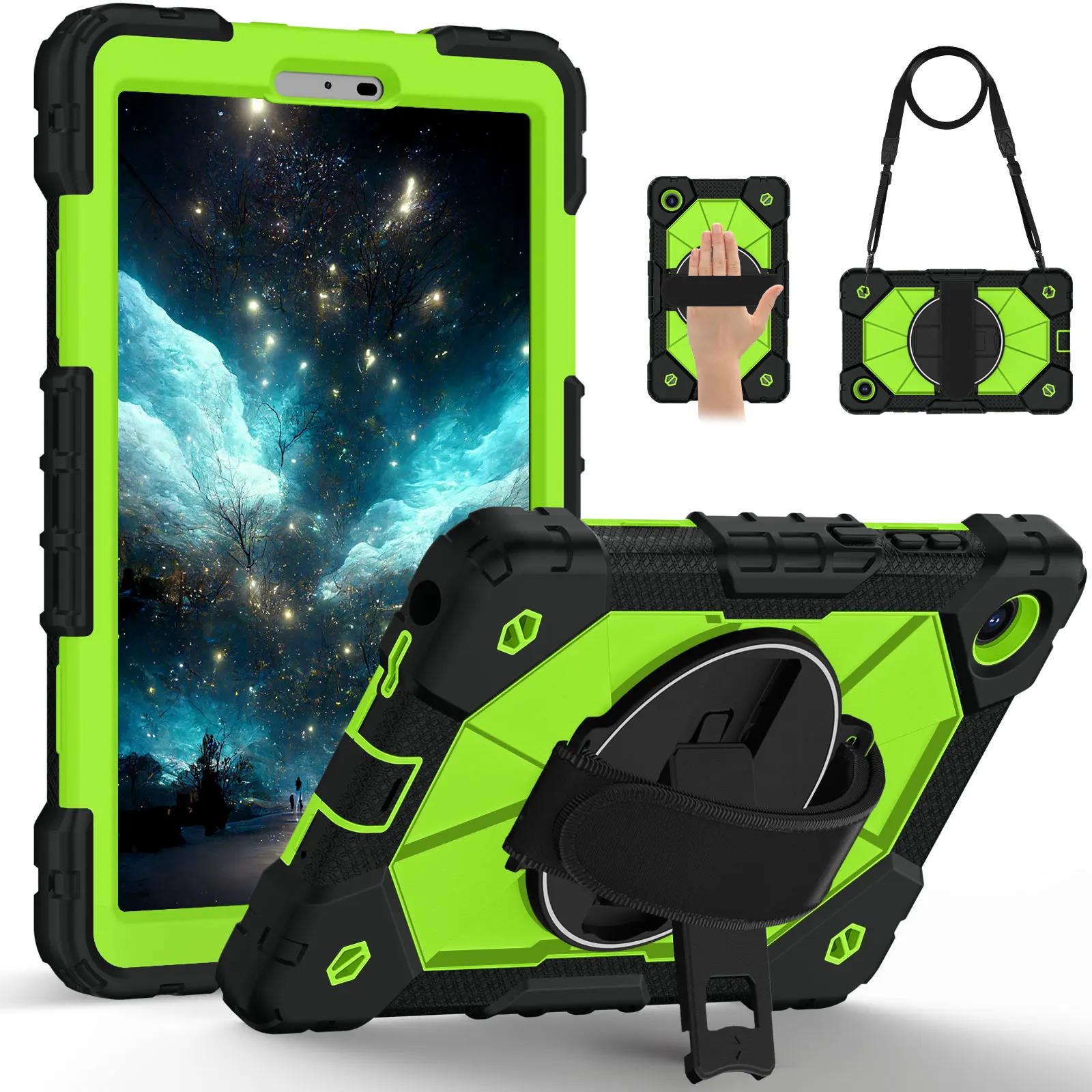 

Heavy Duty Stand Case For Lenovo Tab One (K9) 2025 8.7 inch TB305FU 360 Rotating Hybrid Cover With Shoulder Strap PC-Silicone