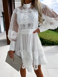 Spring Autumn New Solid Color Mini Dresses Women Sexy Hollow Out Lace Patchwork Short Dress Temperament Elegant Ladies Vestidos