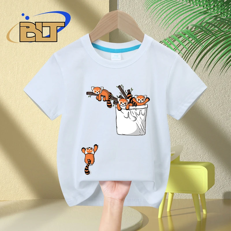 Pocket Red Panda Bears printed kids T-shirt summer children\'s pure cotton short-sleeved casual tops boys and girls gifts