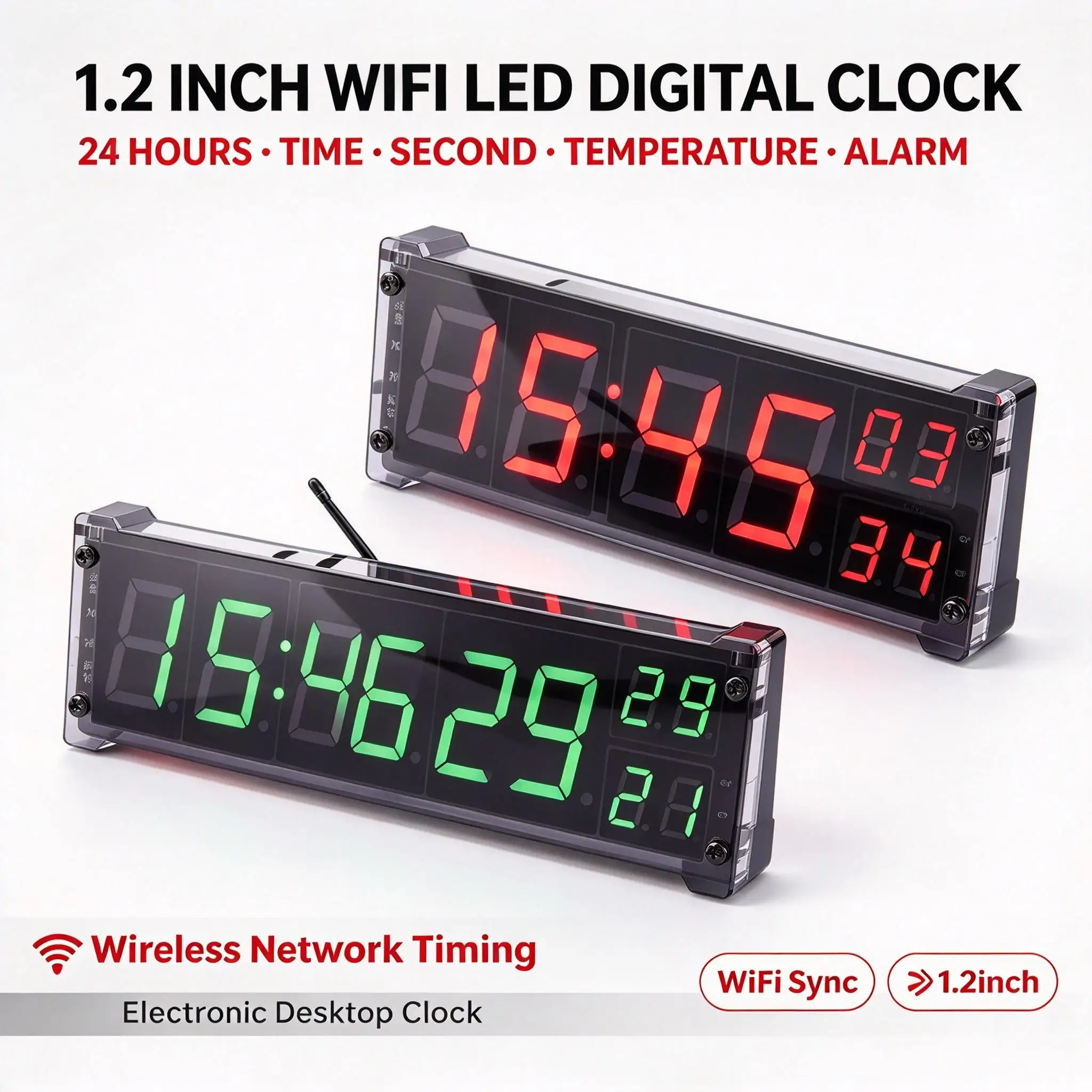 DYKB WiFi Clock 1.2 Inch LED Digital Display Wireless Network Timing Auto Sync Alarm Temperature USB 5V Desktop