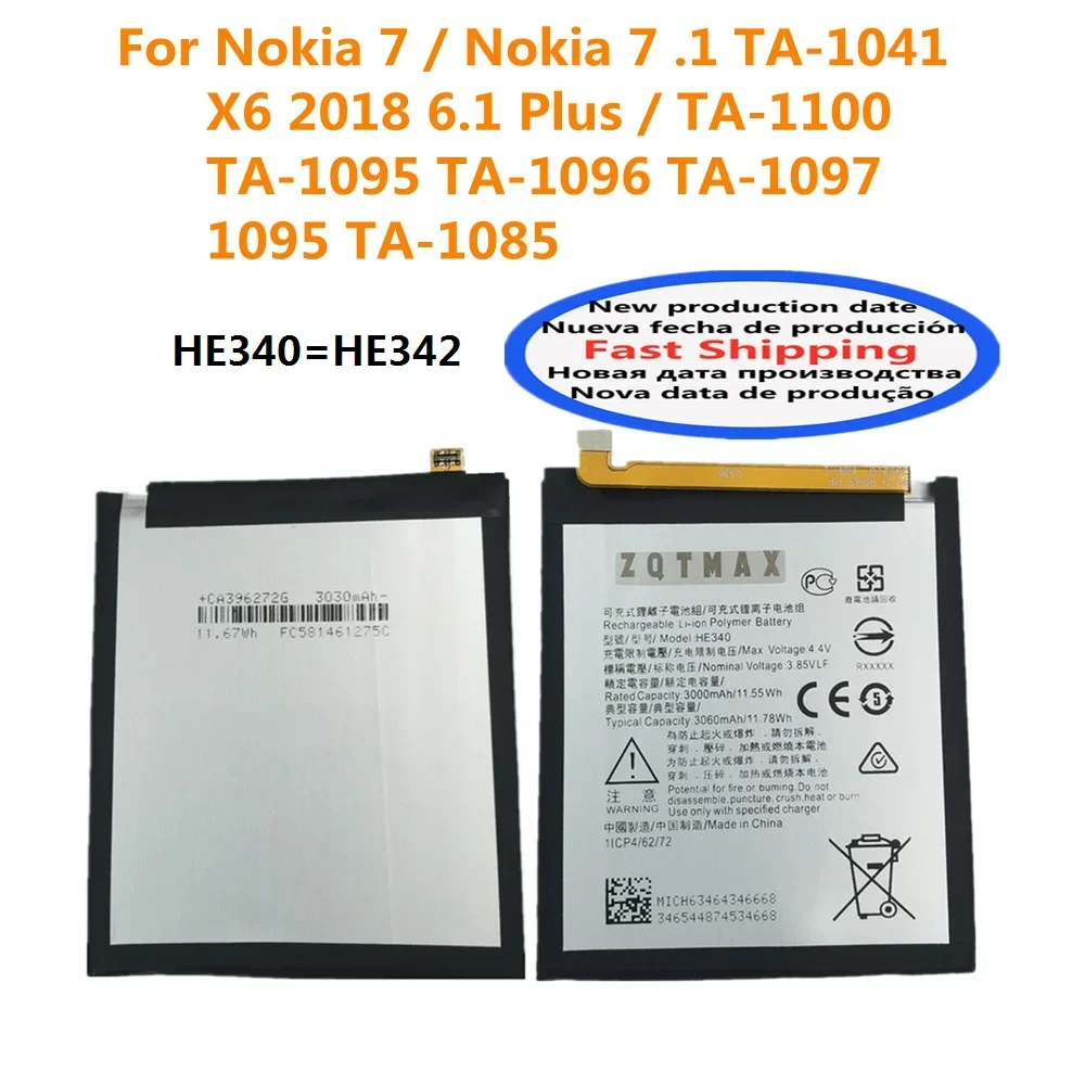 HE340 HE342 Phone Battery For Nokia 7 / 7.1 6.1 Plus TA-1041 X6 2018 TA-1095 TA-1096 TA-1097 1095 1085 TA-1100 Phone 3060mAh