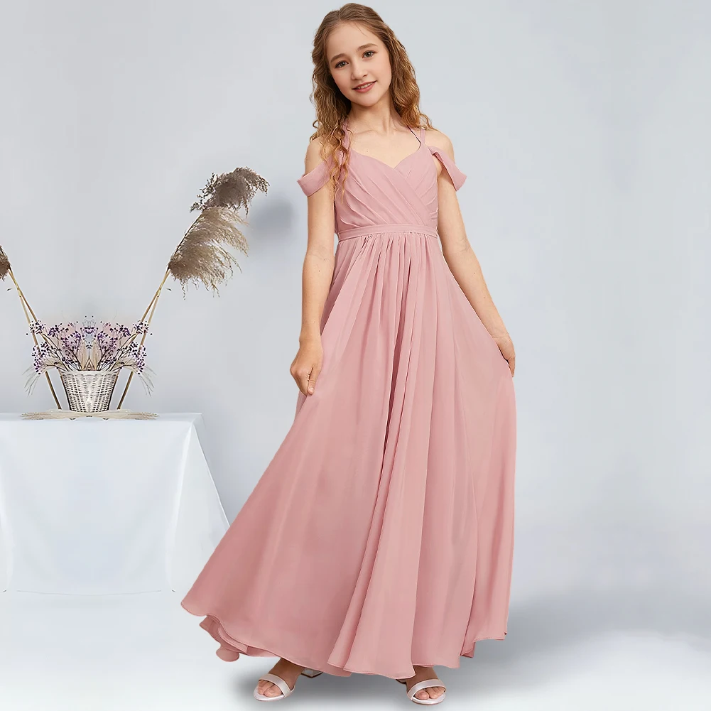 Elegant A-Line Cold Shoulder Floor-Length Chiffon Junior Bridesmaid Dresses Blush Charming Flower Girl Dresses Party Wedding Kid