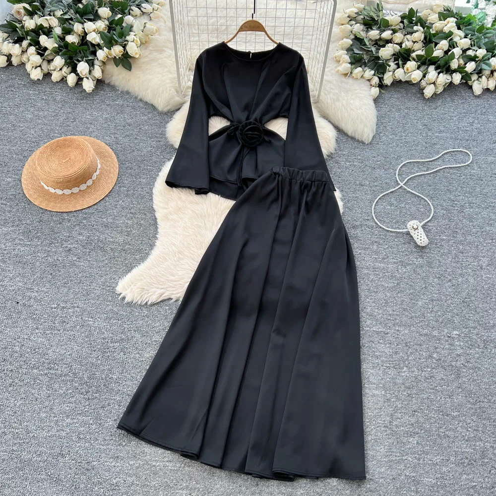 Женские комплекты из двух предметов Юбка Комплект с круглым вырезом и длинными рукавами Топы Длинные юбки A Line Высокая талия Y2k Уличная одежда Элегантная работа Осень