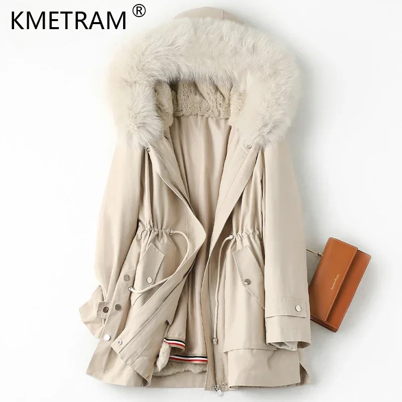 2024 Real Fur Parkas Womens Clothing Luxury Fox Fur Collar Autumn and Winter Detachable Rabbit Fur Inner Liner Waist Drawstring