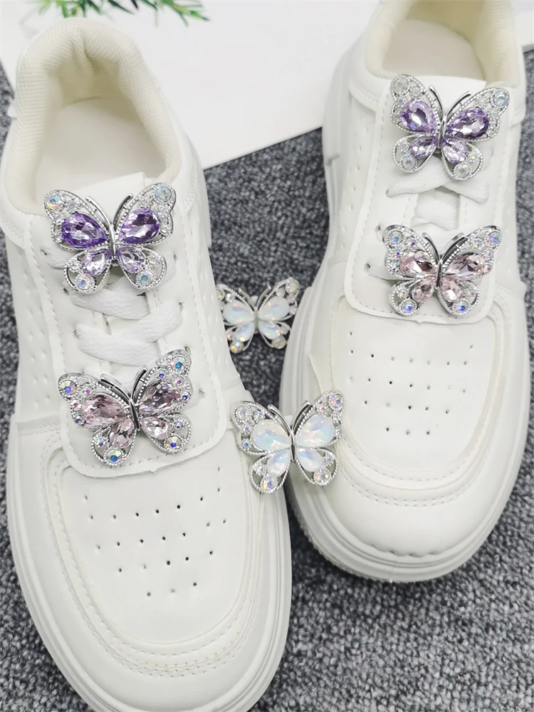 2PCS Bling Butterfly Shoelace Charms ABS Jewelry Buckle Decorations DIY Rhinestone Shoe Lace Clips Accessories Fit Women Sandals