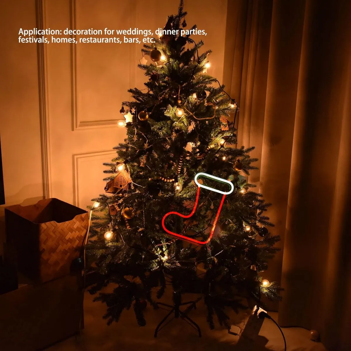 1pc Christmas Tree Neon Sign Light With Elk & Christmas Sock & Christmas Tree For Outdoor Garland Garden Windows Curtain Decor