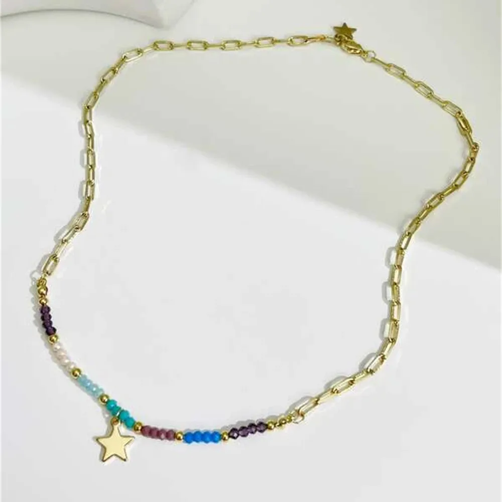 Vintage Fashion Gold-plate Punk Color Bead Chain Star Pendant Necklace For Women Female Boho Choker Jewelry Girl Gift Wholesale