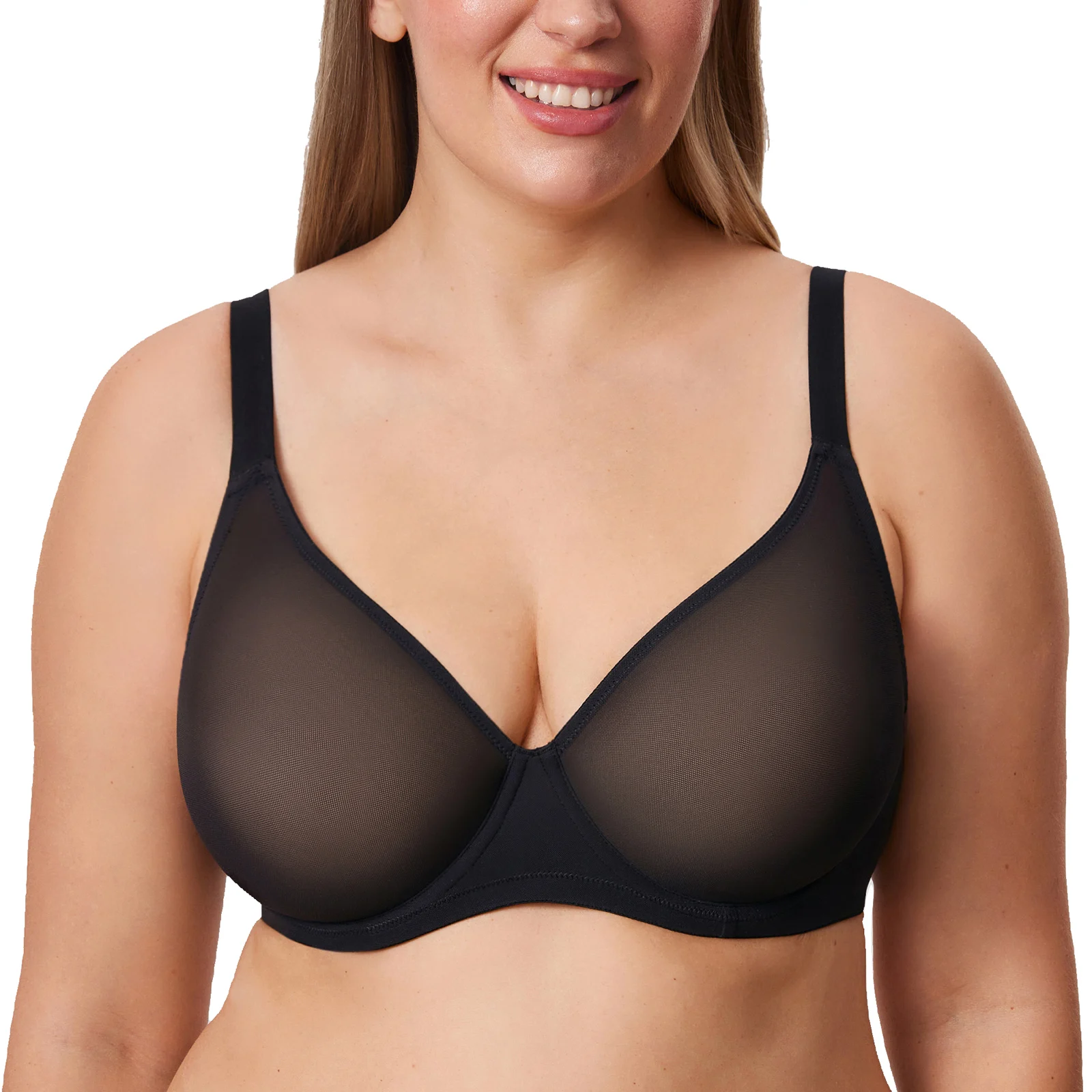 Women\'s Cosnufy Sheer Mesh Bra Plus Size Plunge Full Coverage Unlined Underwire Bras DD E F G