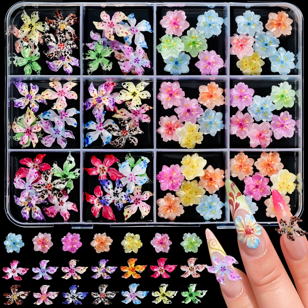 12 Grids 3D Gemengde Lelie & Sakura Bloem Nail Art Charms Colorufl Gevlekte Hibiscus Bloemen Nagels Decoraties DIY Manicure Accessoires