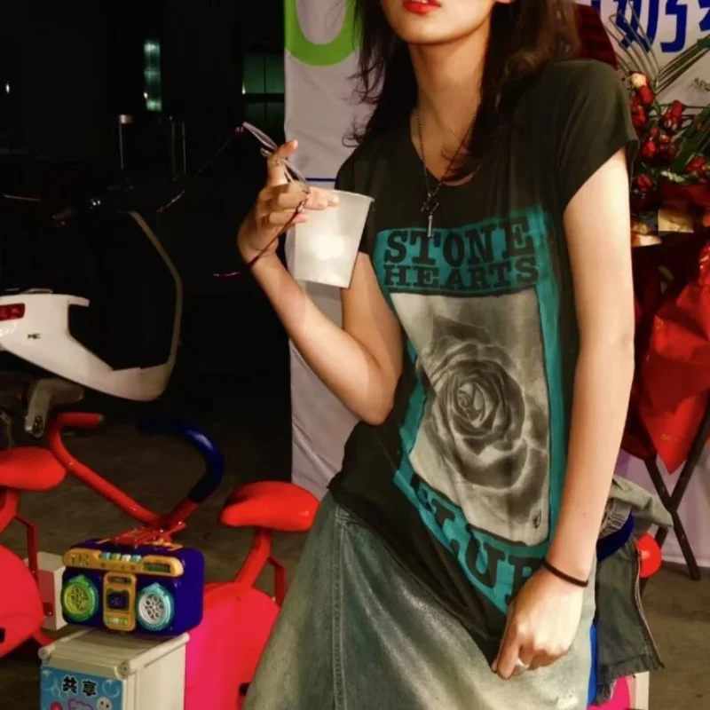 

American retro slim fit spicy girl rose print women's T-shirt summer millennium style y2k subculture Harajuku women's tops emo
