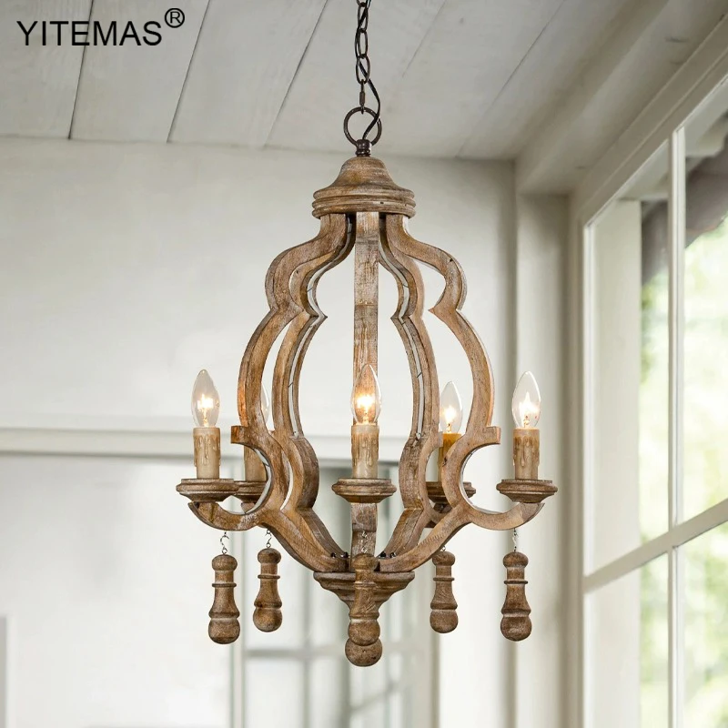 Retro farmhouse chandeliers wooden lighting for bedroom vintage dining room wood chandelier 5 lights kitchen stairs hanging lamp