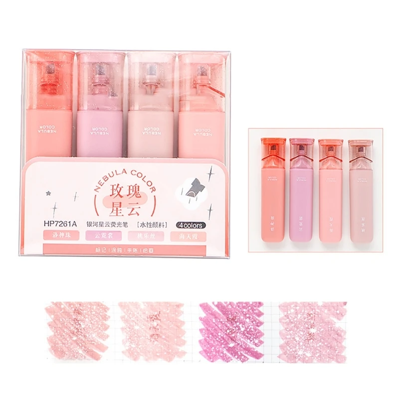 4pcs Glitter Highlighters مع طرف مائل للومادات المكتبية المدرسية الجافة السريعة #2