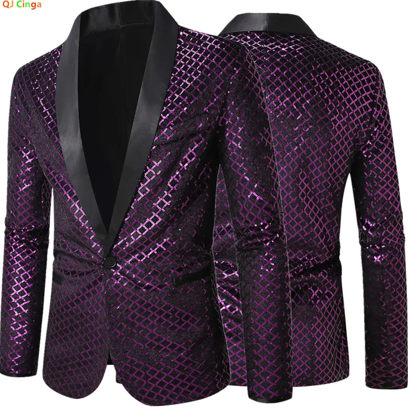 

Purple Men Suit Jacket, Diamond Plaid V-Neck Sequin Blazers, Wedding/Party/Stage Performance Dress Coats, European Size
