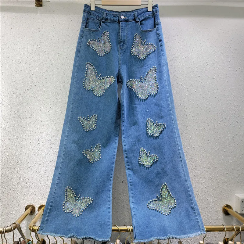 

New Casual Hot Diamond Beads Butterfly High Waist Elastic Jeans Women's Wide Leg Floor Pants Summer 2025 Trendy Loose Trousers