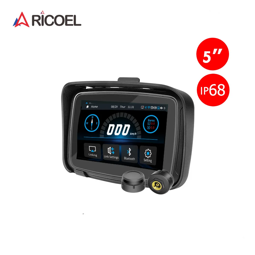 RICOEL 5-calowy Wodoodporny Ekran Nawigacyjny Motocyklowy z CarPlay, Przenośny Bezprzewodowy Monitor Motocyklowy z Android Auto i TPMS
