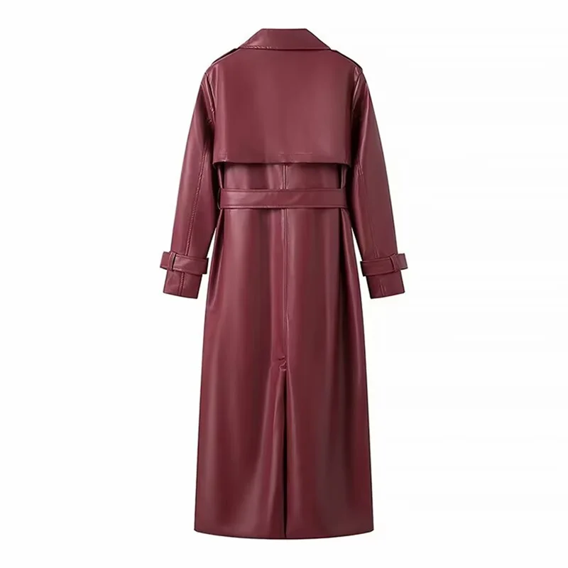 YUEYANG donna autunno moda vino rosso giacca lunga in pelle con bottoni femminili Bekt tasche cappotto con risvolto capispalla