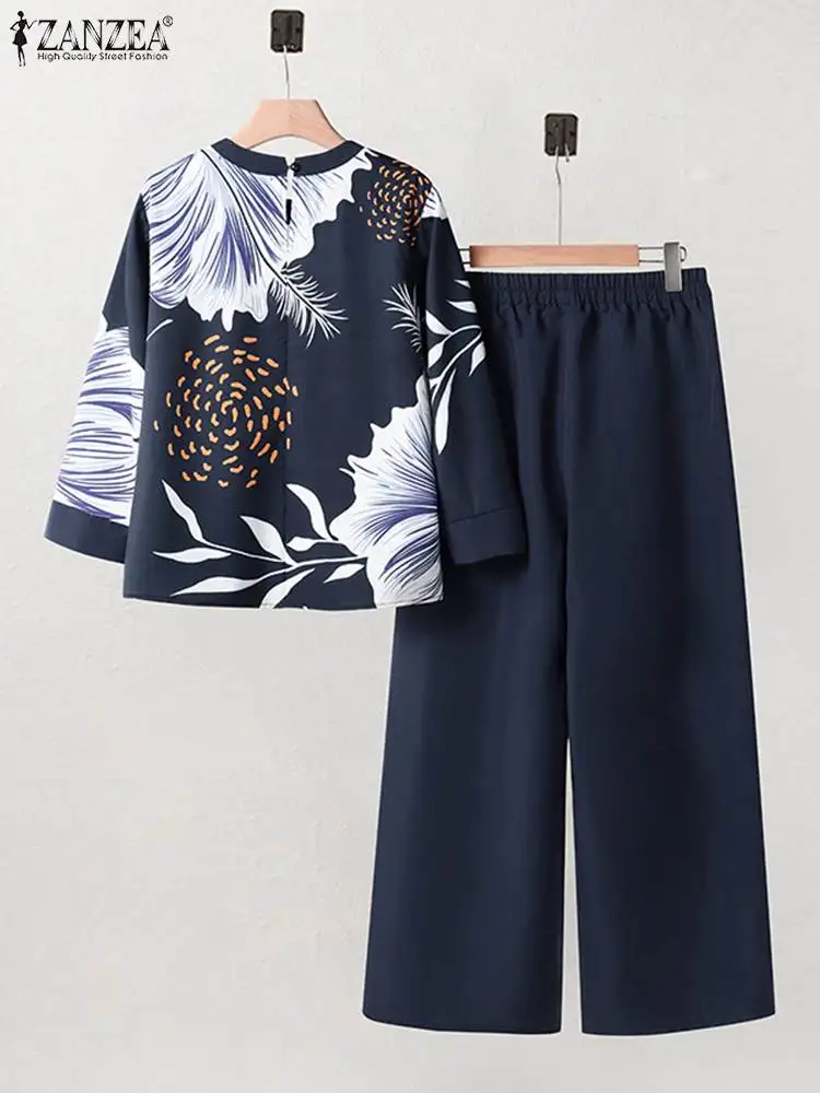 ZANZEA 2pcs Matching Sets Summer Women Pant Sets Fashion 3/4 Sleeve Blouse Trouser Suits 2pcs Floral Print Tracksuits Oversize