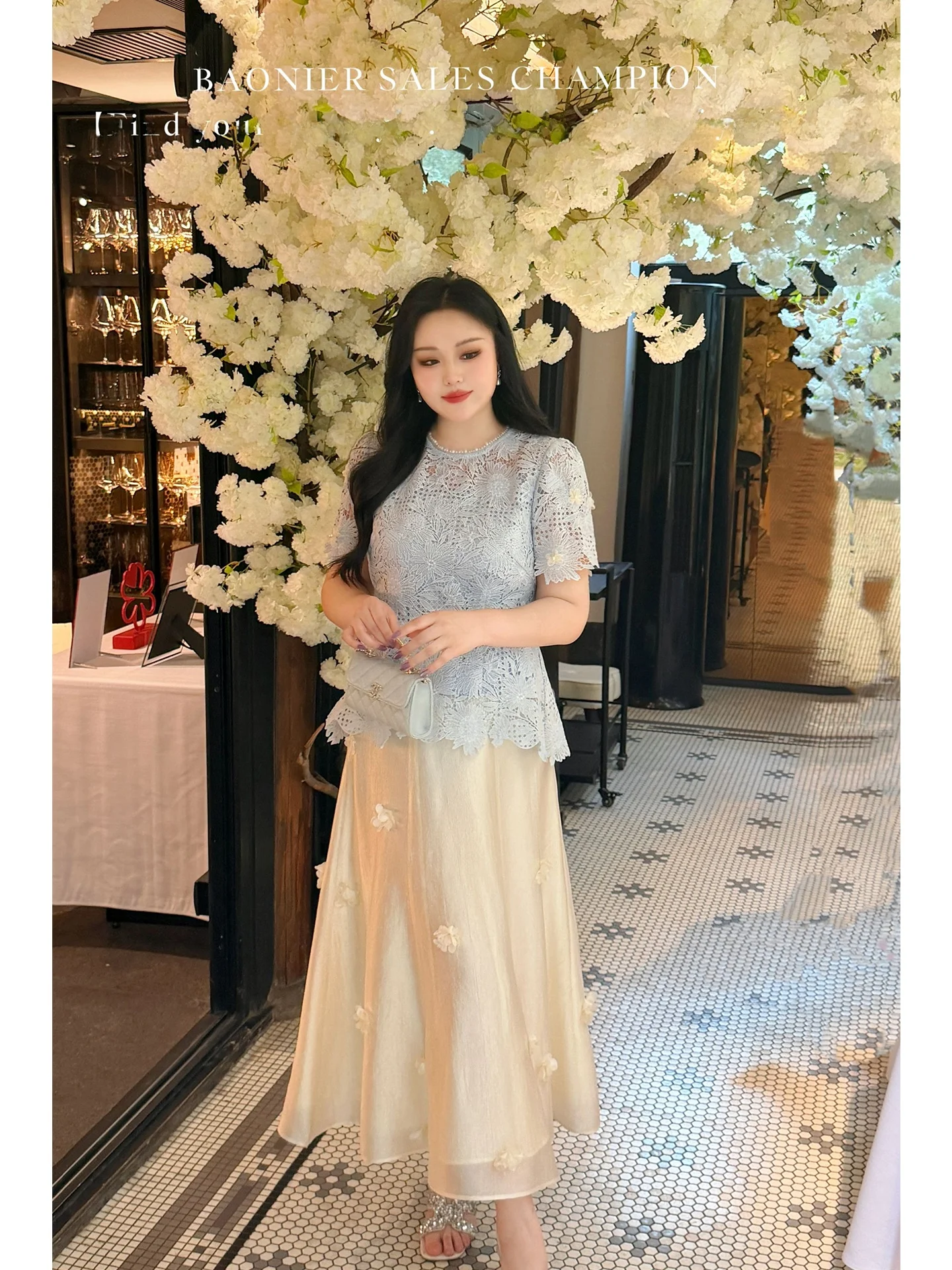 

Elegant Lace Hollow out Slimming Top Acetate Skirt Set for plus Size Women Summer Fashion Ensemble High Waist round Neck Loos...