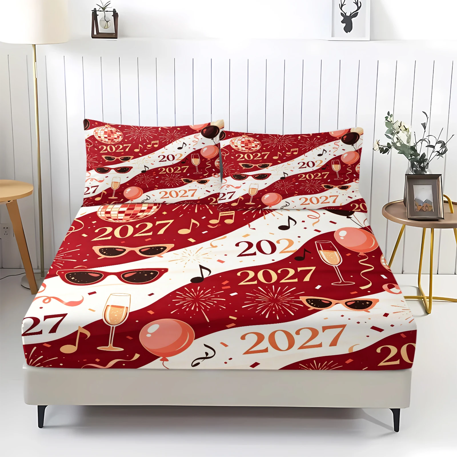 2027 New Year Fitted Sheet Set Red White Party Print Firework Balloon Champagne Disco 360° Elastic Deep Pocket Mattress Cover