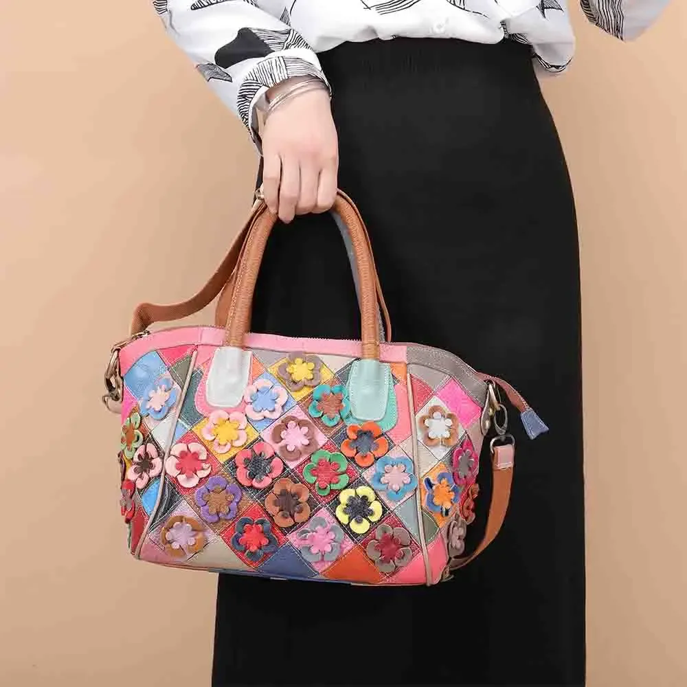 MS Retro Genuine Leather Shoulder Bags Soft Sheep Skin Flowers Female Crossbody Unique Purses and Handbags Daily Bag 2022 New