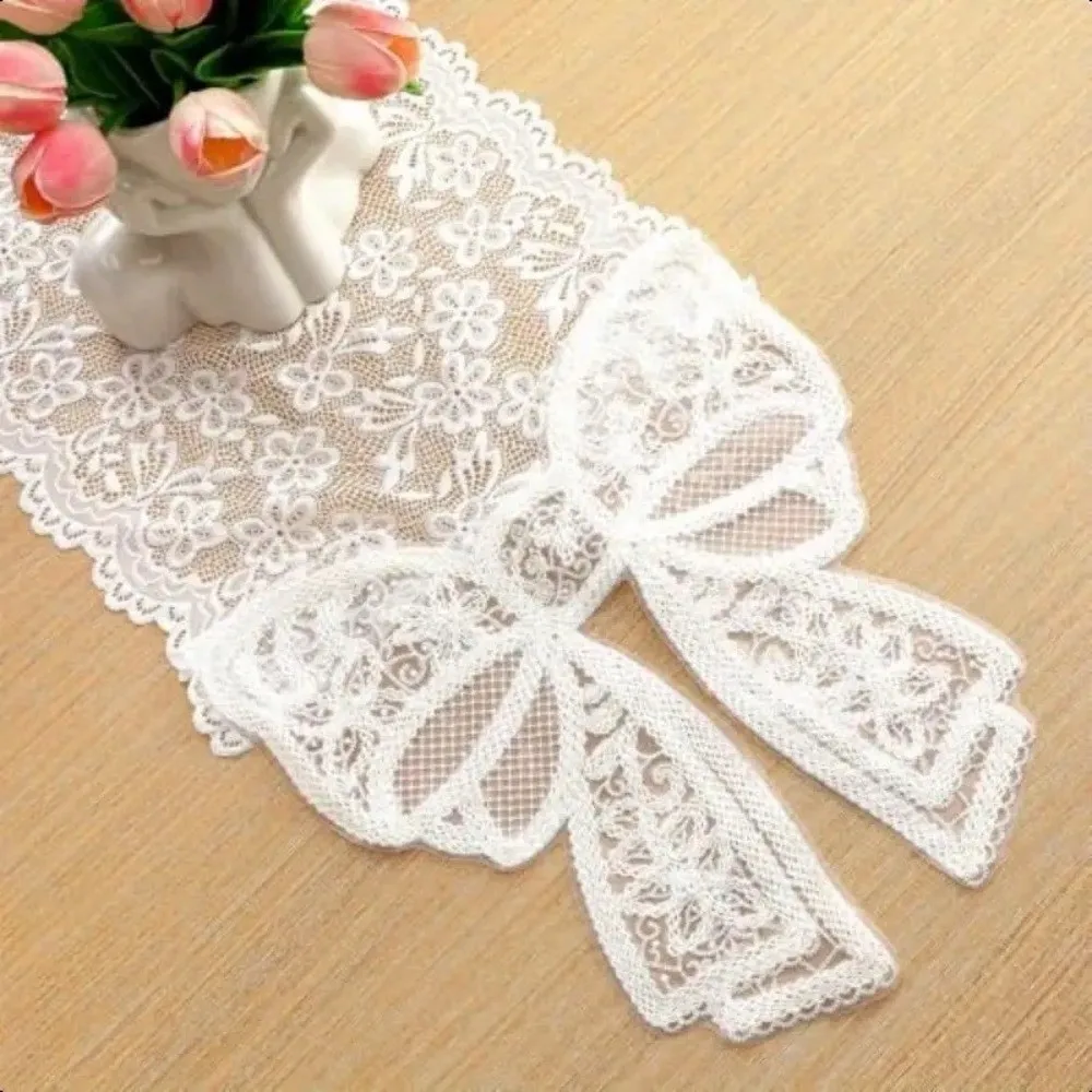 Floral Cut-Out Lace Table Runner Bow Trim Romantic Table Flag Long Strip Vintage Decorative Table Cloth Festival