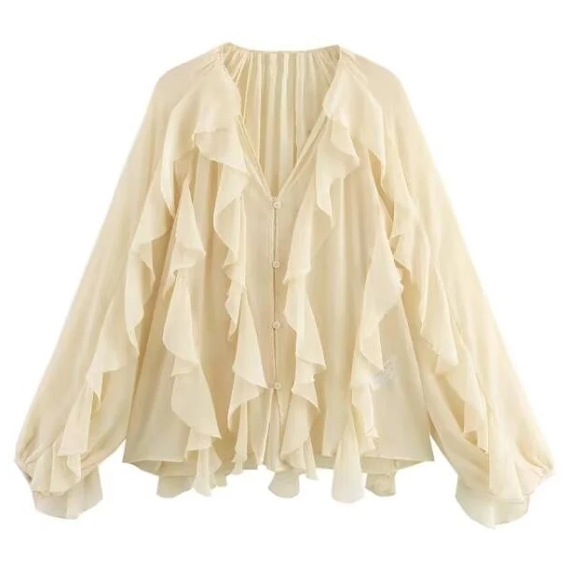 Womens Thin Blouses 2025 Spring Women's Fashion Flowy Layered Decorated V-Neck Long Sleeve Shirt Trendy Chic Casual Formal Wear