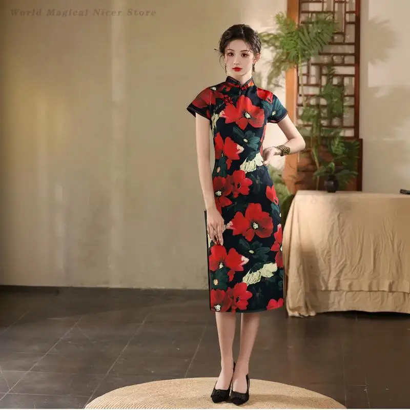 Spring Summer Short Sleeve New Chinese Modified Qipao Dress Elegant Waist Cinched Gorgeous Oriental Slim Long Dress for Women