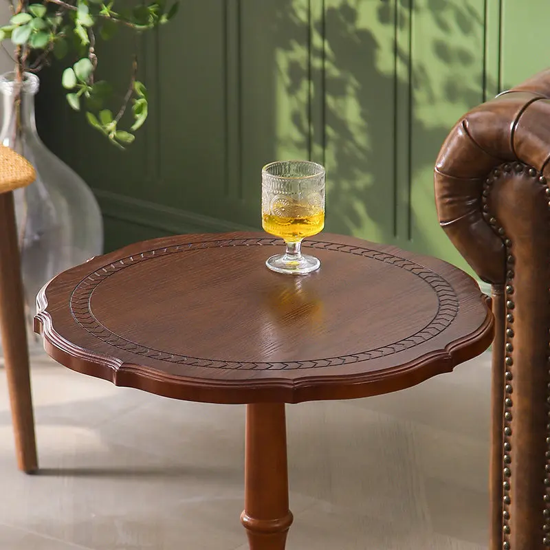 For French Mid-Century Solid Wood Corner Table, Side Table for Living Room & Balcony, Leisure Round Coffee Tea Table