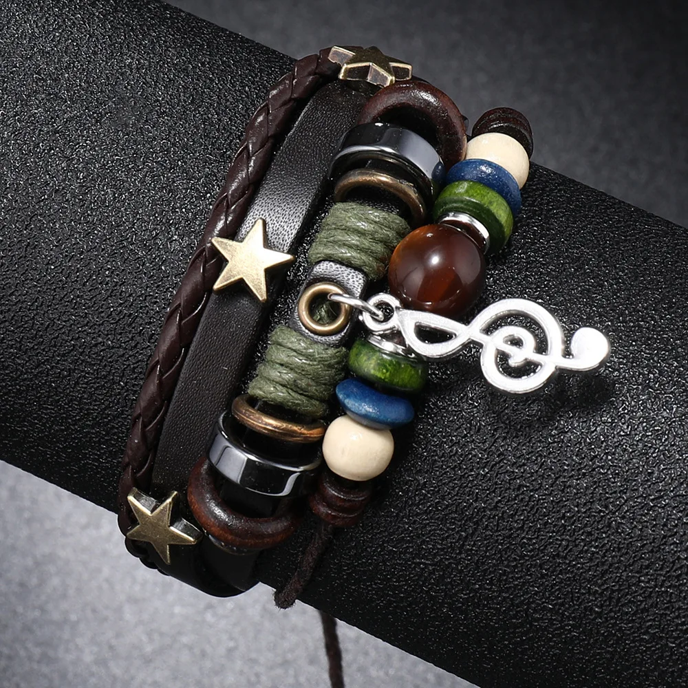 Adjustable Trendy Musical Note Wood Beads Niche Design Leather Gypsy Hippie Bracelet Hand Rope Braided Bracelet Men Bracelet