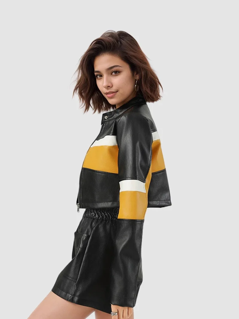 Sexy Color Blo ort Leather Jaet Women's Motorcycle Sle Stand Collar Slim Fit Faionable PU Leather Coat for Women