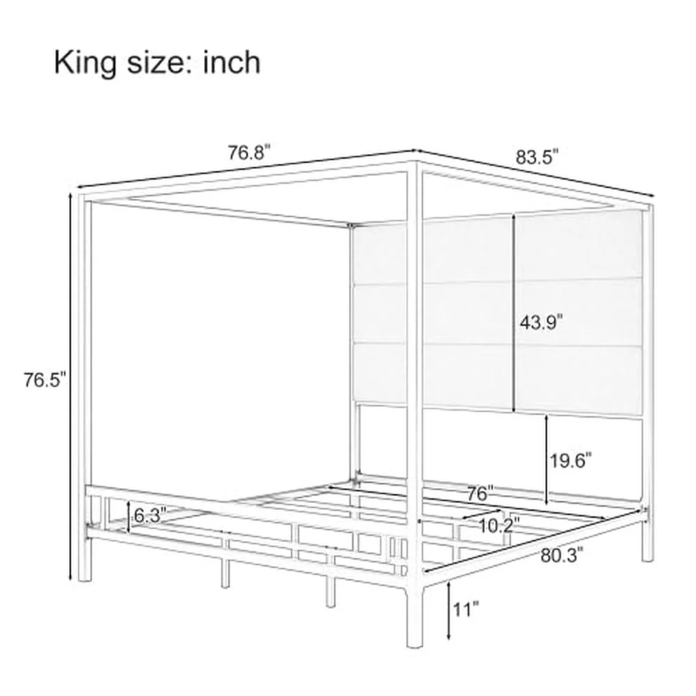 Modern Metal King Size Canopy Platform Bed with with Tall Linen Fabric Upholstered Headboard and 4 Poster Design Box