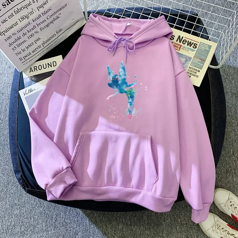 Kawaii Tinker Bell Women Hoodies Print Aesthetic Hoodies Tops Long Sleeve Pockets 90s Fashion Hooded Sweatshirts Clothes