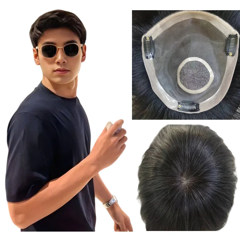 قطعة شعر للرجال 100% شعر بشري أحادي قاعدة 6 بوصة قصيرة حافة PU دانتيل داخلي مع أمشاط يدويًا بالكامل بديل أسود #1