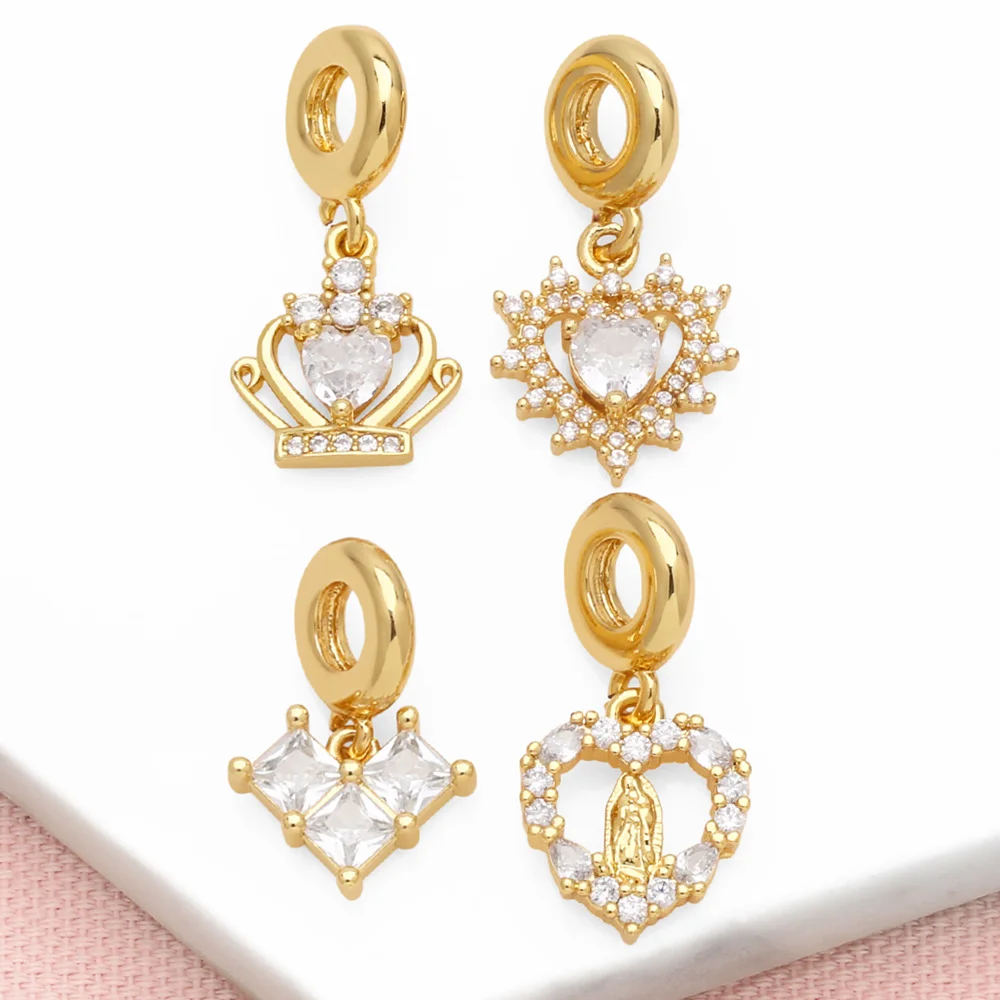 OCESRIO White Crystal Heart Crown Pendant for Necklaces Bracelet Copper Gold Plated Virgin Mary Jewelry Making Component pdtb490