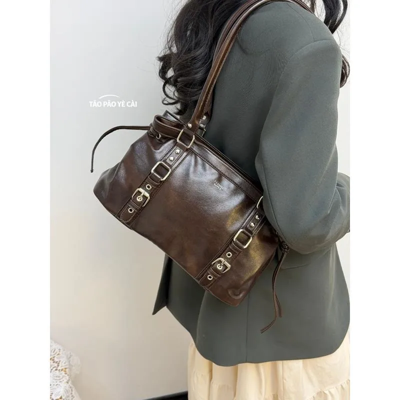 

New Retro Leather Shoulder Bag Sweet Cool Fashion Commuter Versatile Tote Bag, Women's Exquisite Simple Casual Trend Personality