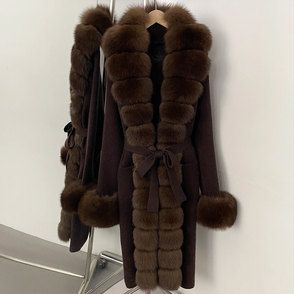 Pull Femme dame manteaux de fourrure naturelle tricot femmes à manches longues haut tricoté Cardigan Femmes vraie fourrure veste Femme 2026