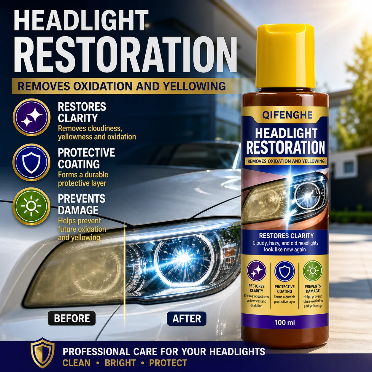 QIFENGHE Headlight Restorer 100ml, Remove Oxidation Yellowing Haze, Restore Clarity & Brightness, UV Protective Coating for Car